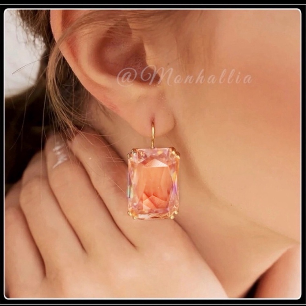 NEW GOLD MEGA EMERALD CUT SIMULATED PEACH SHERBET BLUSH TOPAZ CUSHION EARRINGS